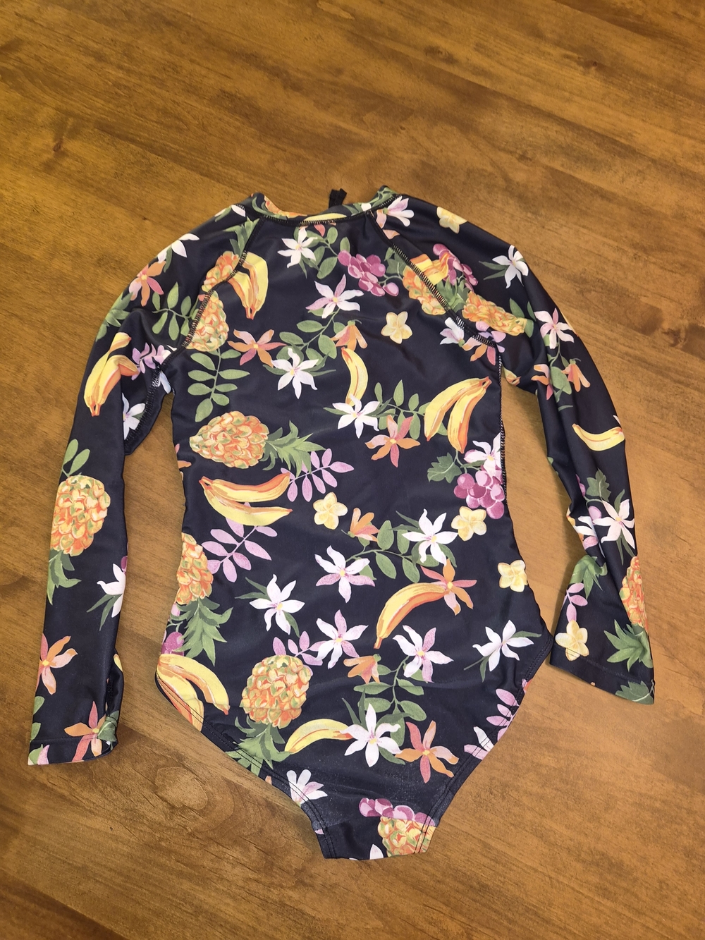 Kids Long-Sleeve One-Piece Swimsuit Black Tropical Print Sz 8 (M)